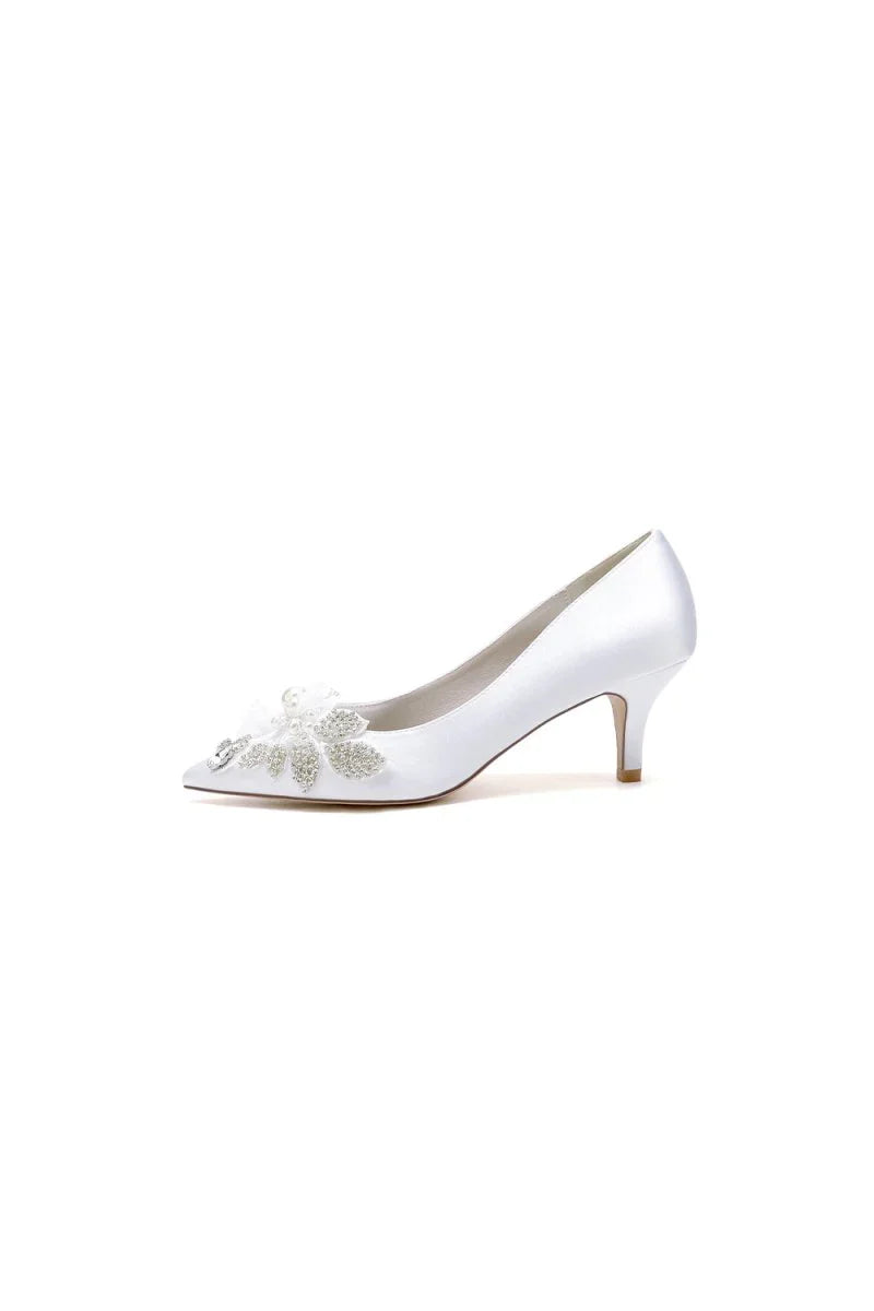 Floral Beading Pointed Toe Satin Kitten Heels