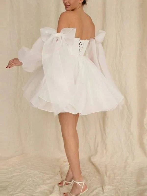 A Line Puff Long Sleeves Short Wedding Dresses With Bows