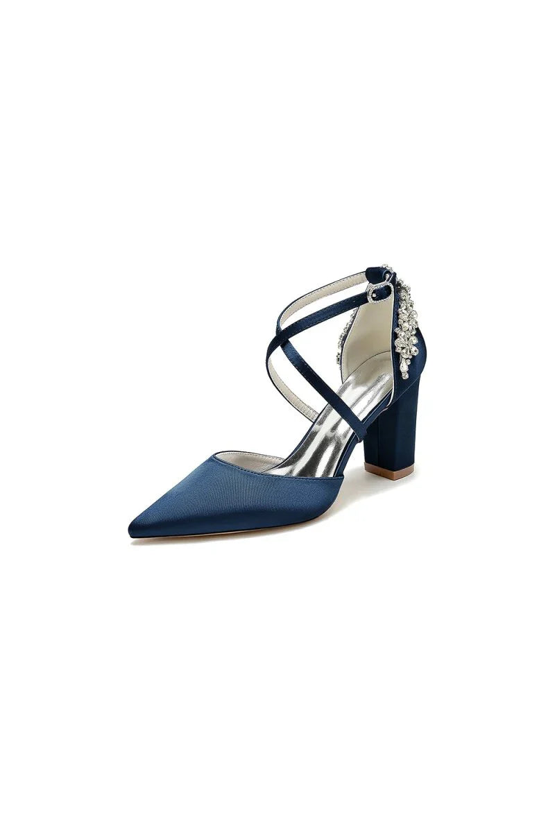 White Satin Pump with Cross Strap and Metal Accent