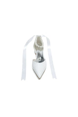 Pointed Toe Ankle Strap Pearl Beaded Ivory Ribbons Low Heels