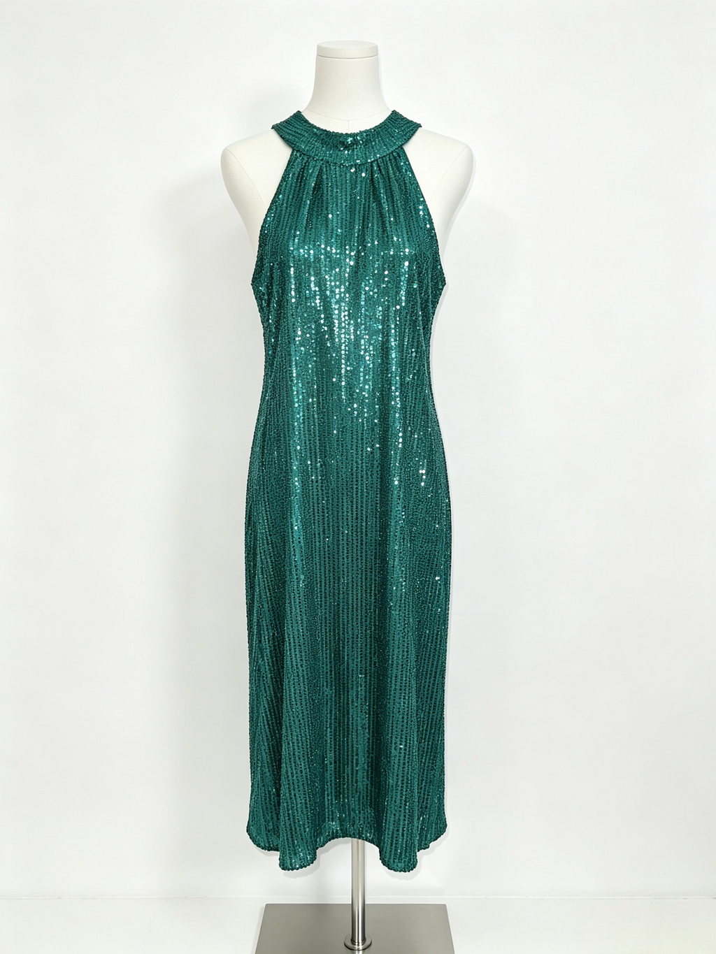 Emerald Sequin Halter Midi Dress