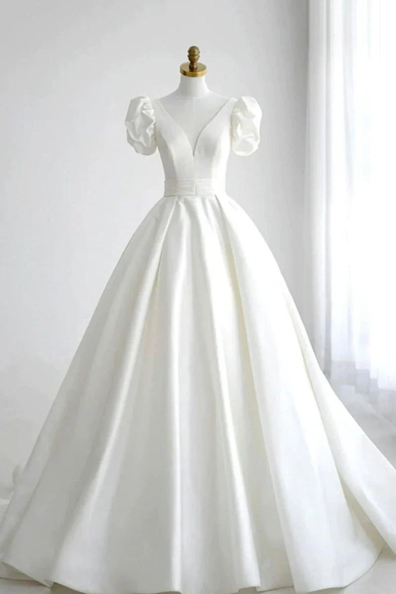 Elegant A Line V Neck White Wedding Dress with Short Sleeves