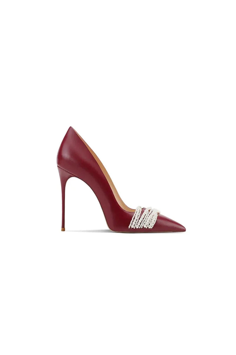 Burgundy Leather Upper Pearl Mid Heel Pumps