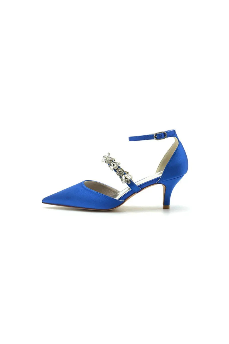 Crystal Strap Pointed Toe Satin Kitten Heels