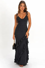 Nevaeh Polka Dot Ruffle Maxi Dress Black