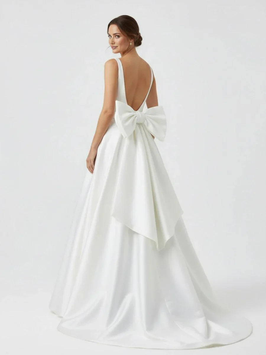 Ivory A Line Deep V Neck Long Wedding Dress with Bowknot