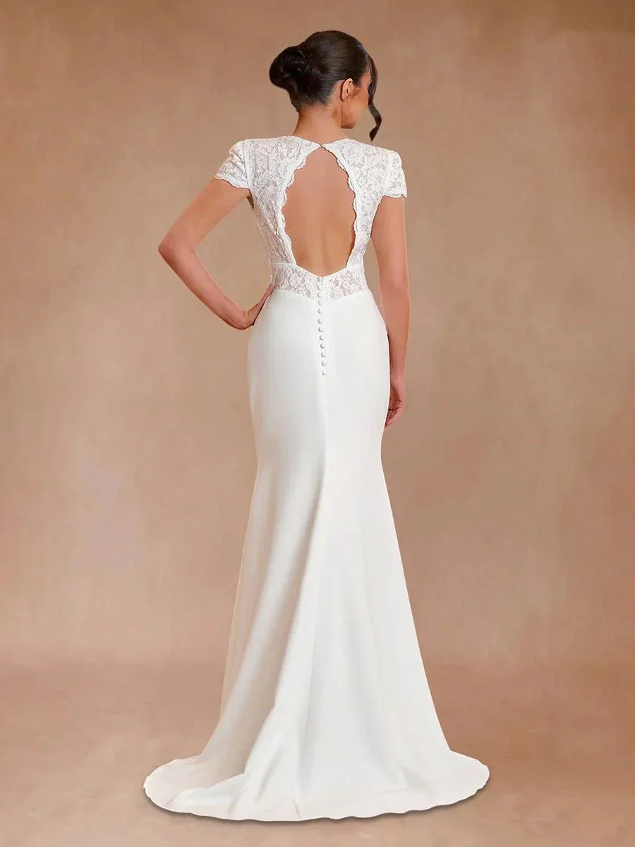 Modest Simple Sheath Short Sleeve Empire Floor Length Sweep Train Chiffon V neck Wedding Dress