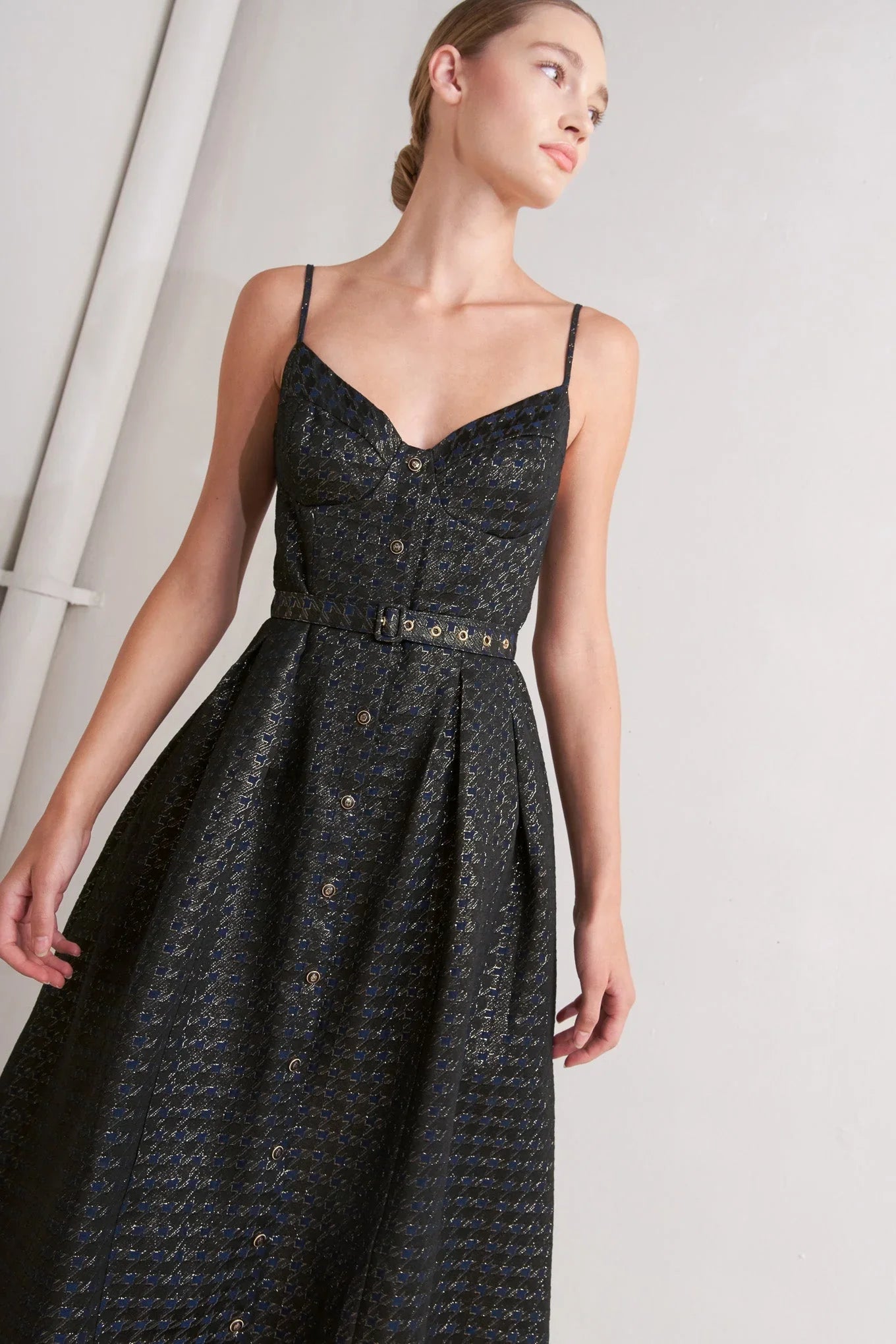 NOIR TAPESTRY NAVY GOLD MIDI DRESS