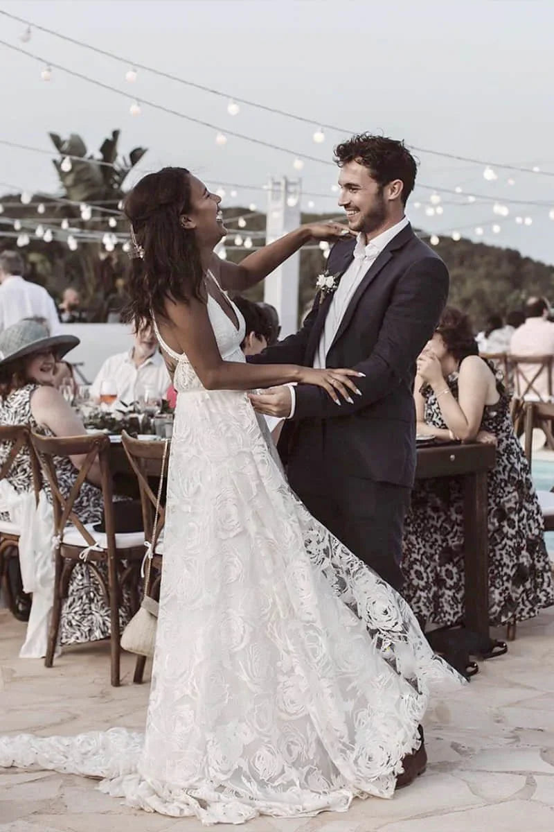 Luxury Lace Chic Halter A Line Bohemian Wedding Dress with Slit Bridal Gowns