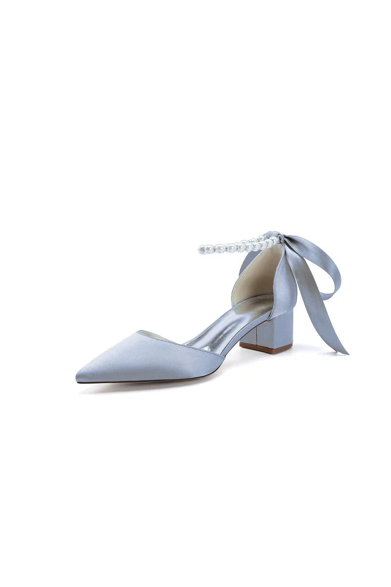 Pointed Toe Satin Pearl Ankle Strap Block Heels With Ribbon Tie