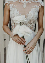 A Line Cap Sleeve Long Backless Wedding Dresses with Appliques