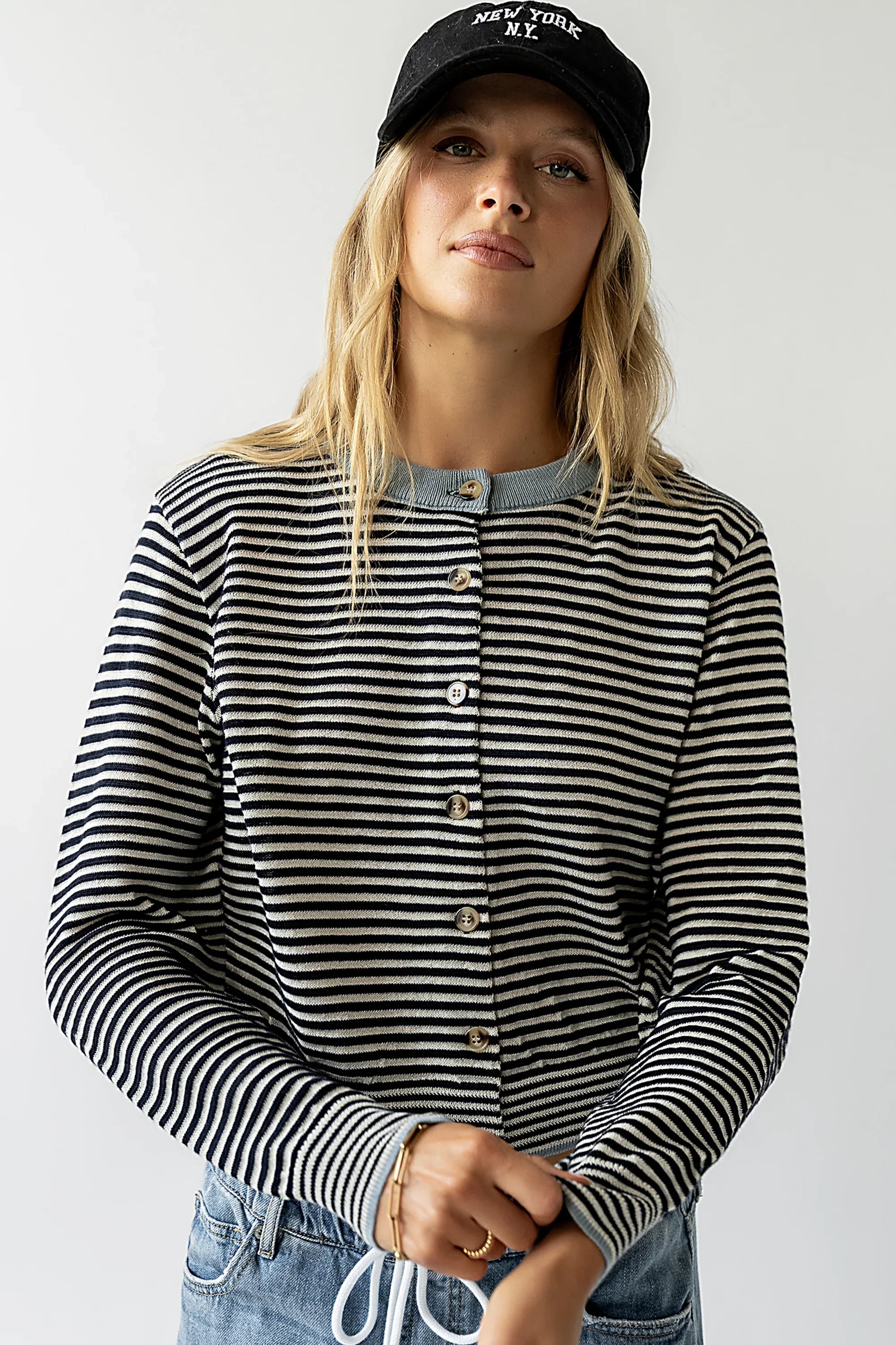 Josy Button Front Cardigan in Dusty Blue