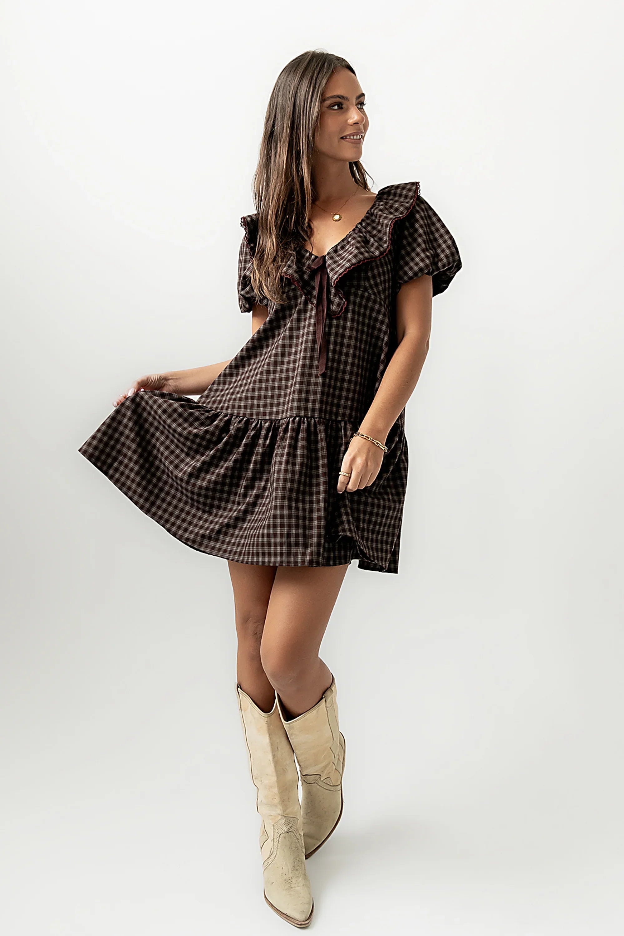 Tony Gingham Baby Doll Dress in Brown FINAL SALE
