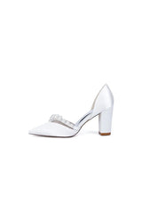 White Satin High Heels with Pearl Embellishments