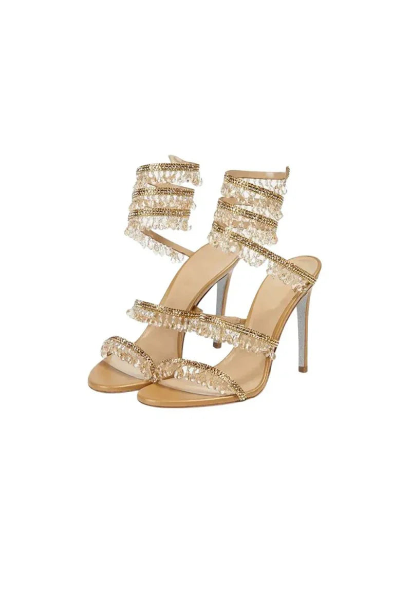 Open Toe Ankle Wrap Beaded Crystal Stiletto Heels