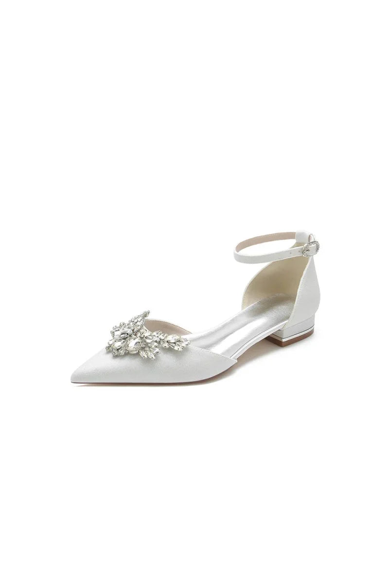 Stretch Glitter With Ankle Strap Rhinestone Pointed Toe Flat Heel Party Shoes