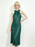 Emerald Sequin Halter Midi Dress