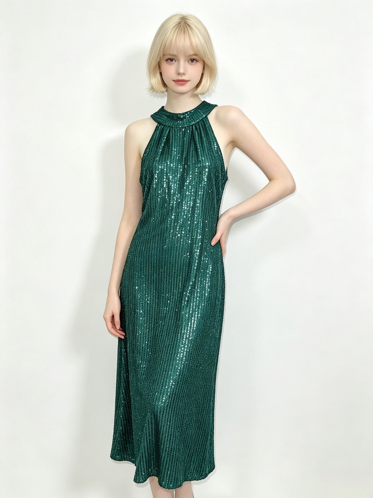 Emerald Sequin Halter Midi Dress