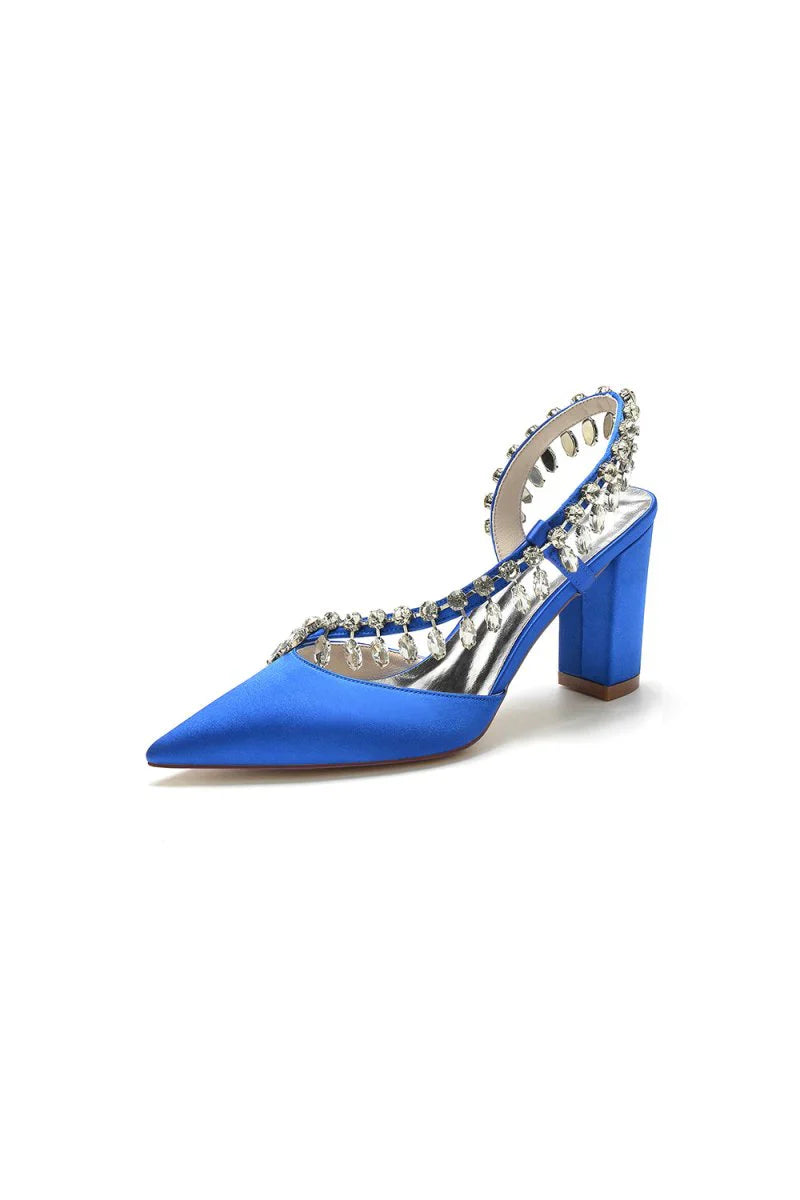 Pointed Toe Beaded Slip on Satin Chunky Heels