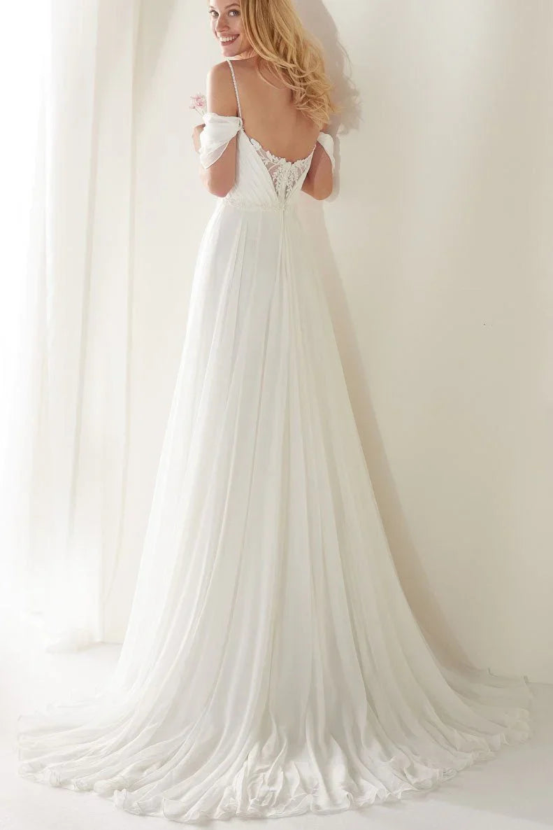 A Line Spaghetti Straps Off the Shoulder Sweep Train Wedding Dress