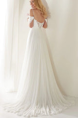 A Line Spaghetti Straps Off the Shoulder Sweep Train Wedding Dress