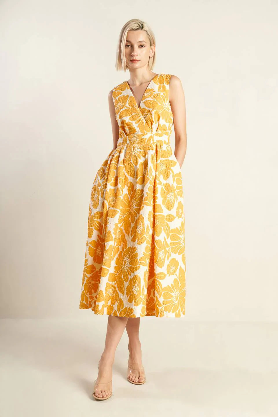 BOLD BLOOMS MUSTARD YELLOW MIDI DRESS