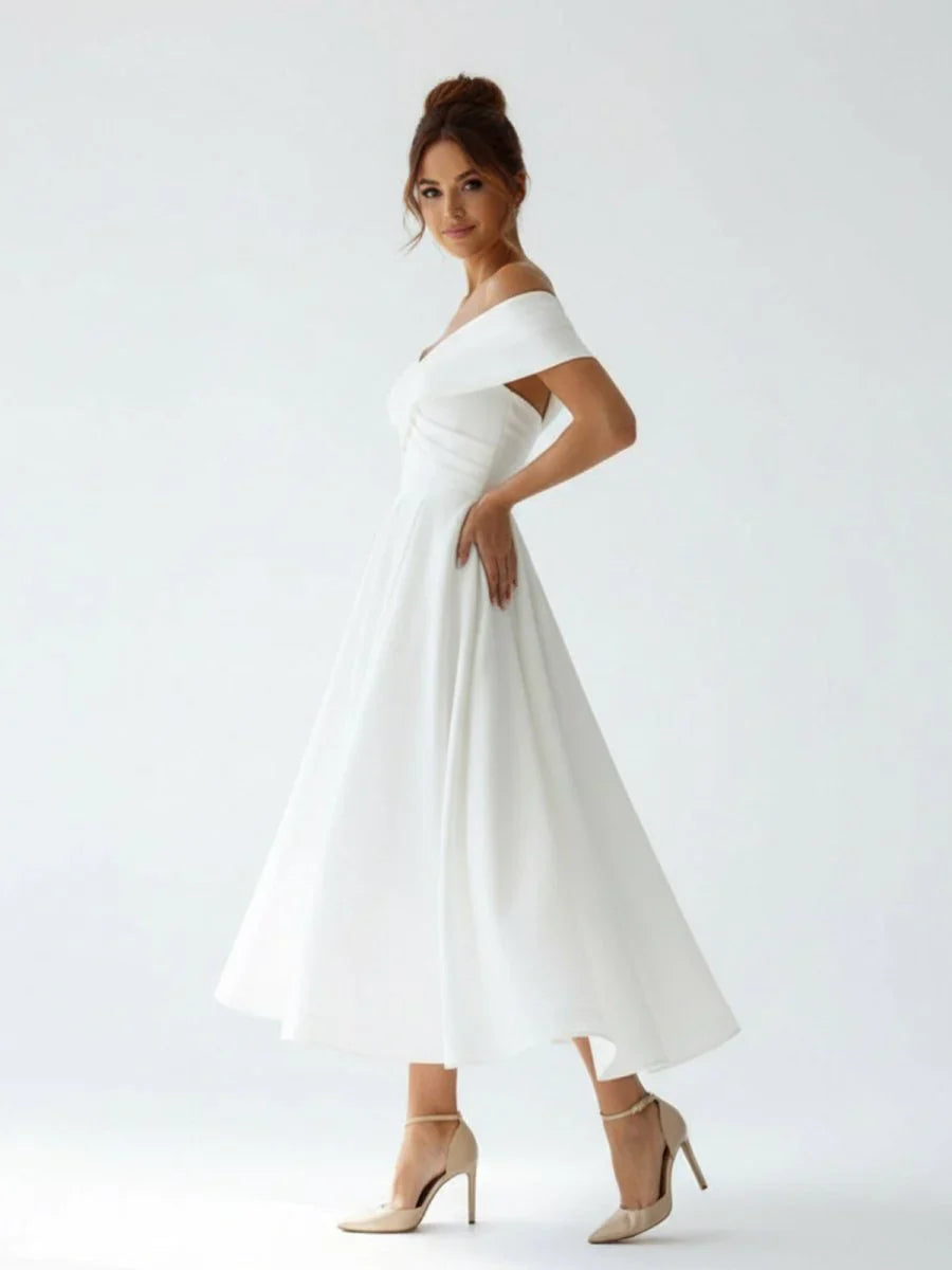 A Line Satin Tea Length White Off the Shoulder Wedding Dress