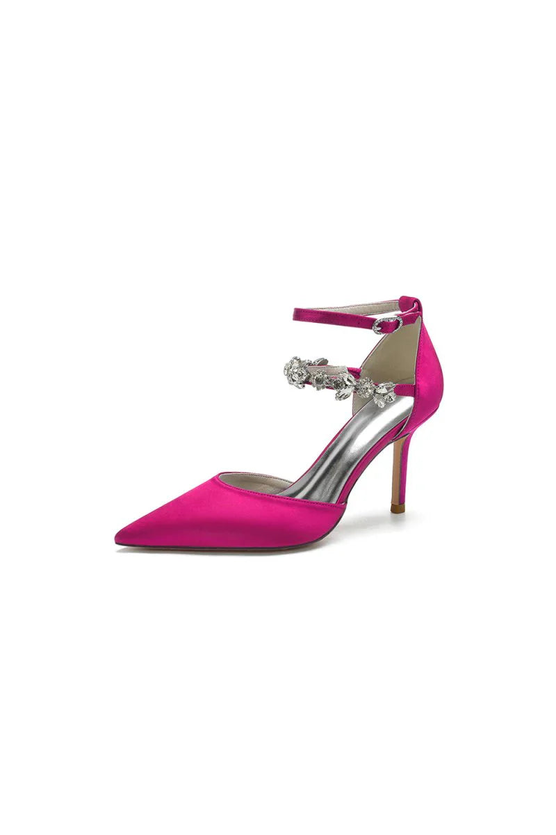 Pointed Toe Crystal Buckle Strap High Heels
