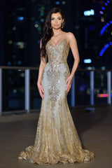 Lyra Gown Gold Mist FITTED FLORAL GLITTER PRINT CORSET GOWN