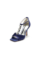 Square Open Toe Ankle Strap Satin Stiletto Heels With Rhinestone Strappy