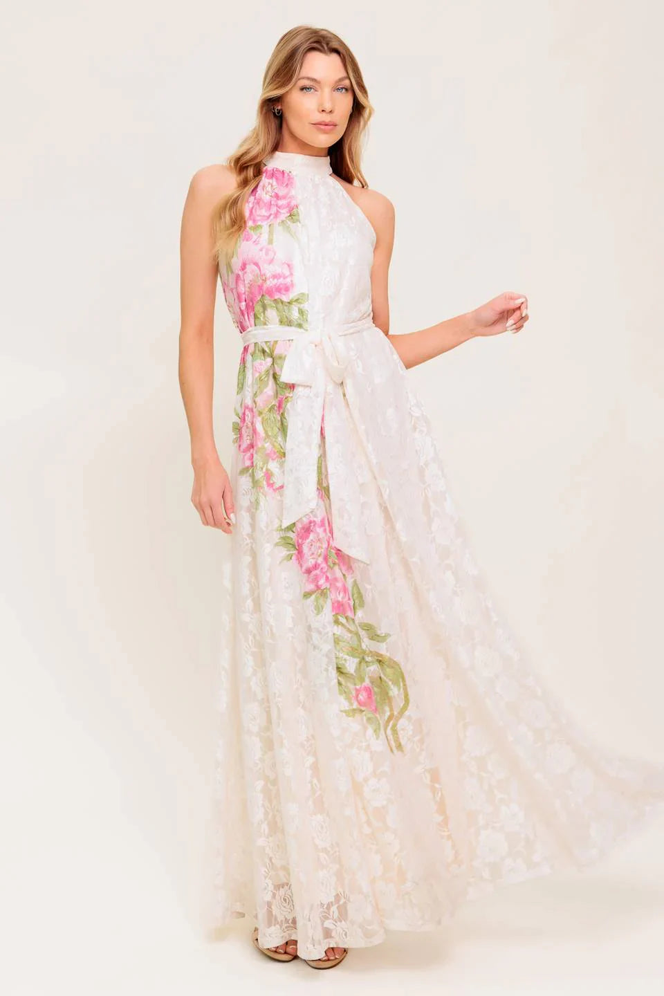 ROSE GARDEN IVORY LACE HALTER MAXI DRESS
