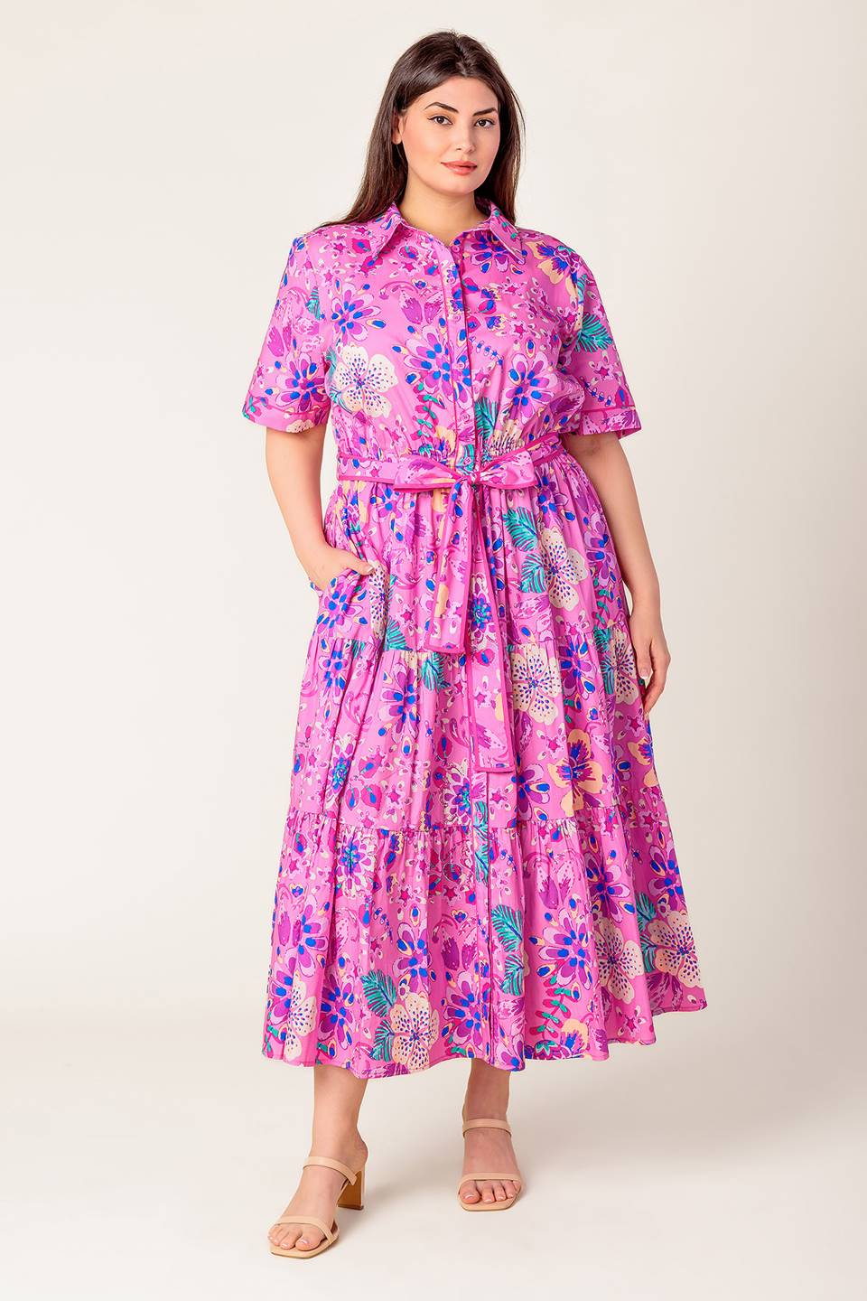 PETAL PRESS PINK PURPLE FLORAL MIDI DRESS