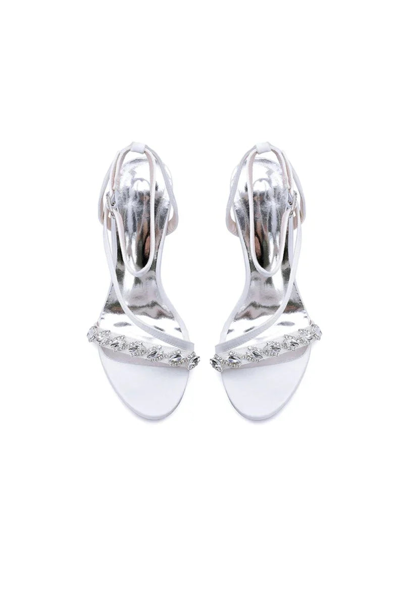 Open Toe Ankle Strap Satin Chunky Heels With Rhinestone