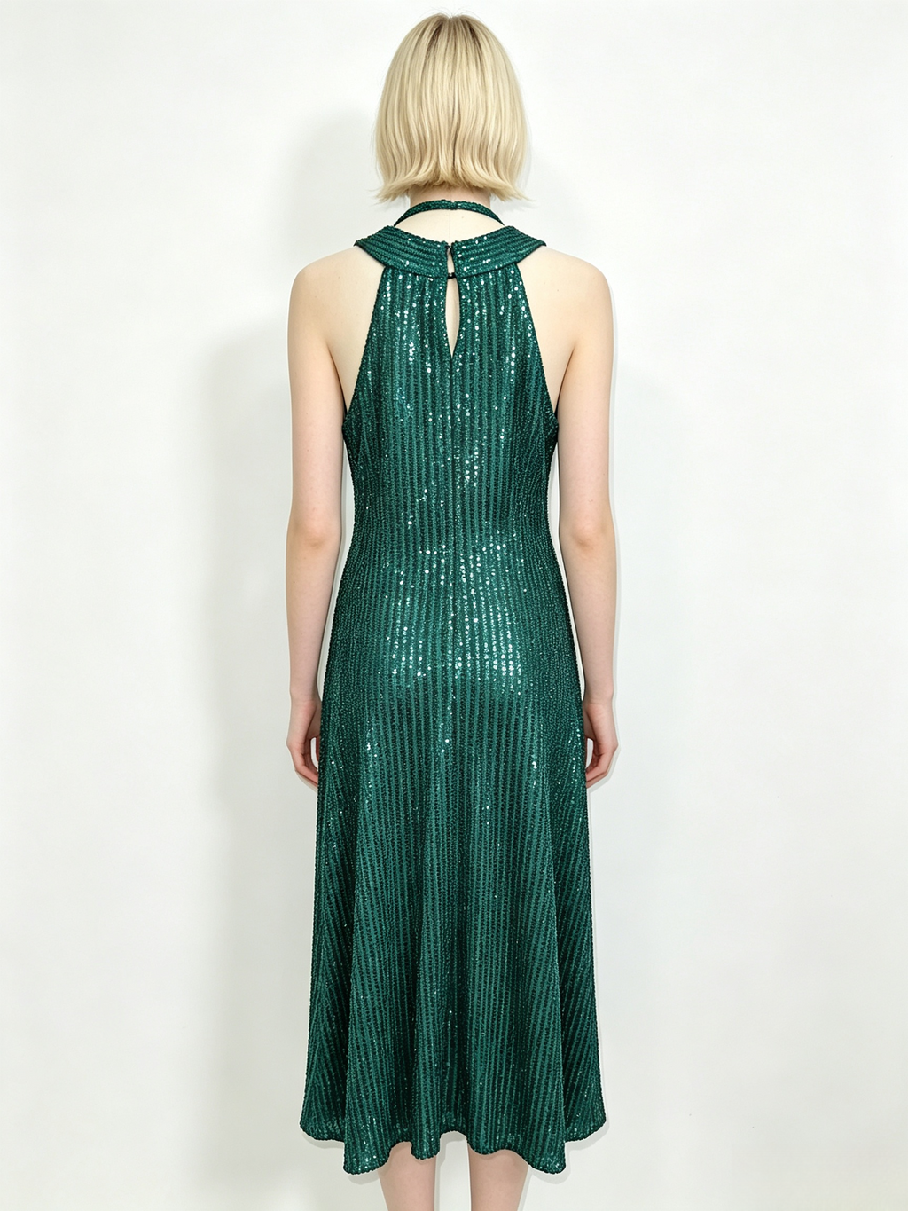 Emerald Sequin Halter Midi Dress