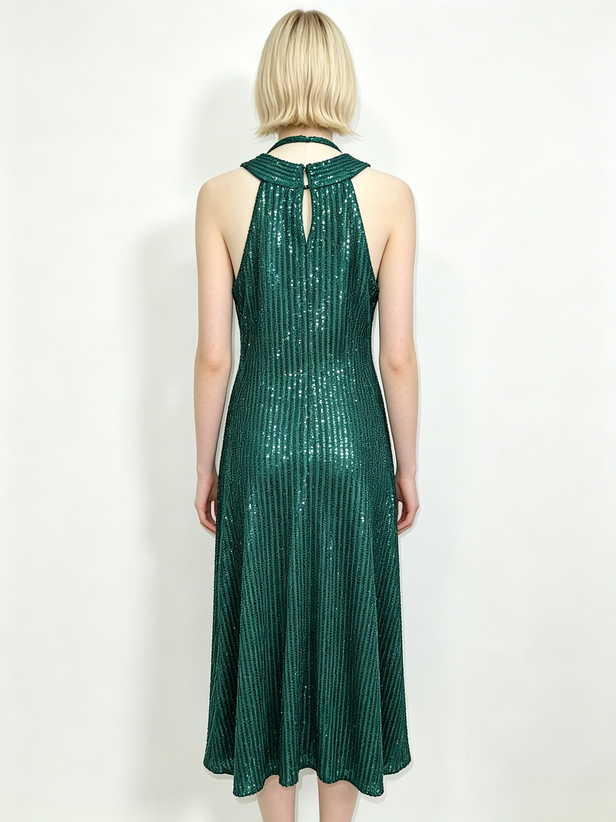 Emerald Sequin Halter Midi Dress
