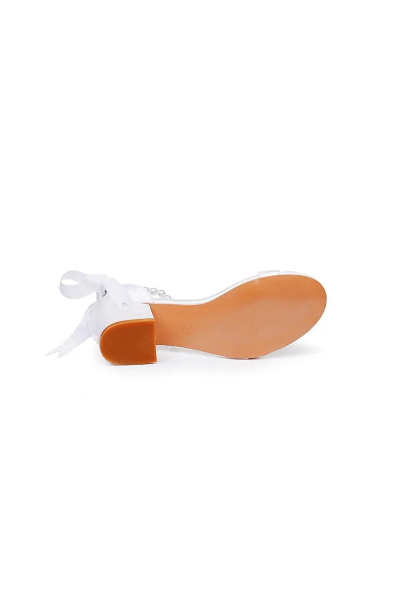 Single Strap Chunky Heels Sandals with Beaded Ribbons