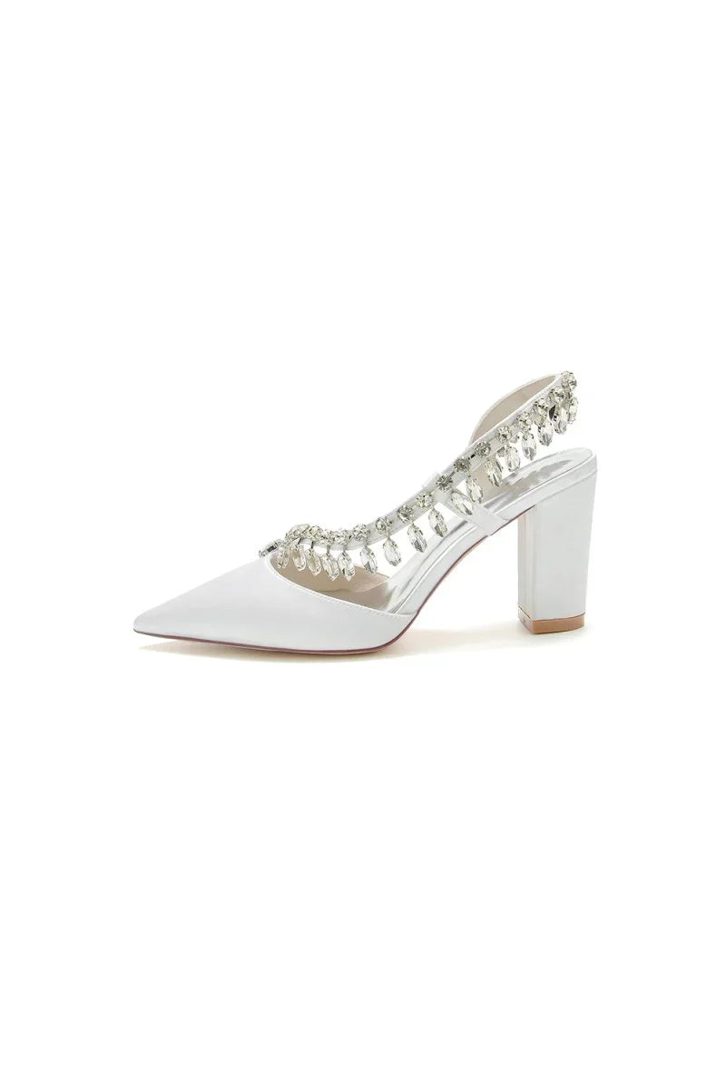 Pointed Toe Beaded Slip on Satin Chunky Heels