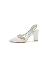Pointed Toe Beaded Slip on Satin Chunky Heels