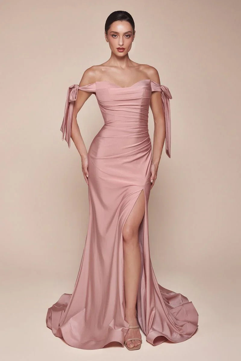 Amber Gown Off Shoulder Stretch Spandex Satin Dress With Ties