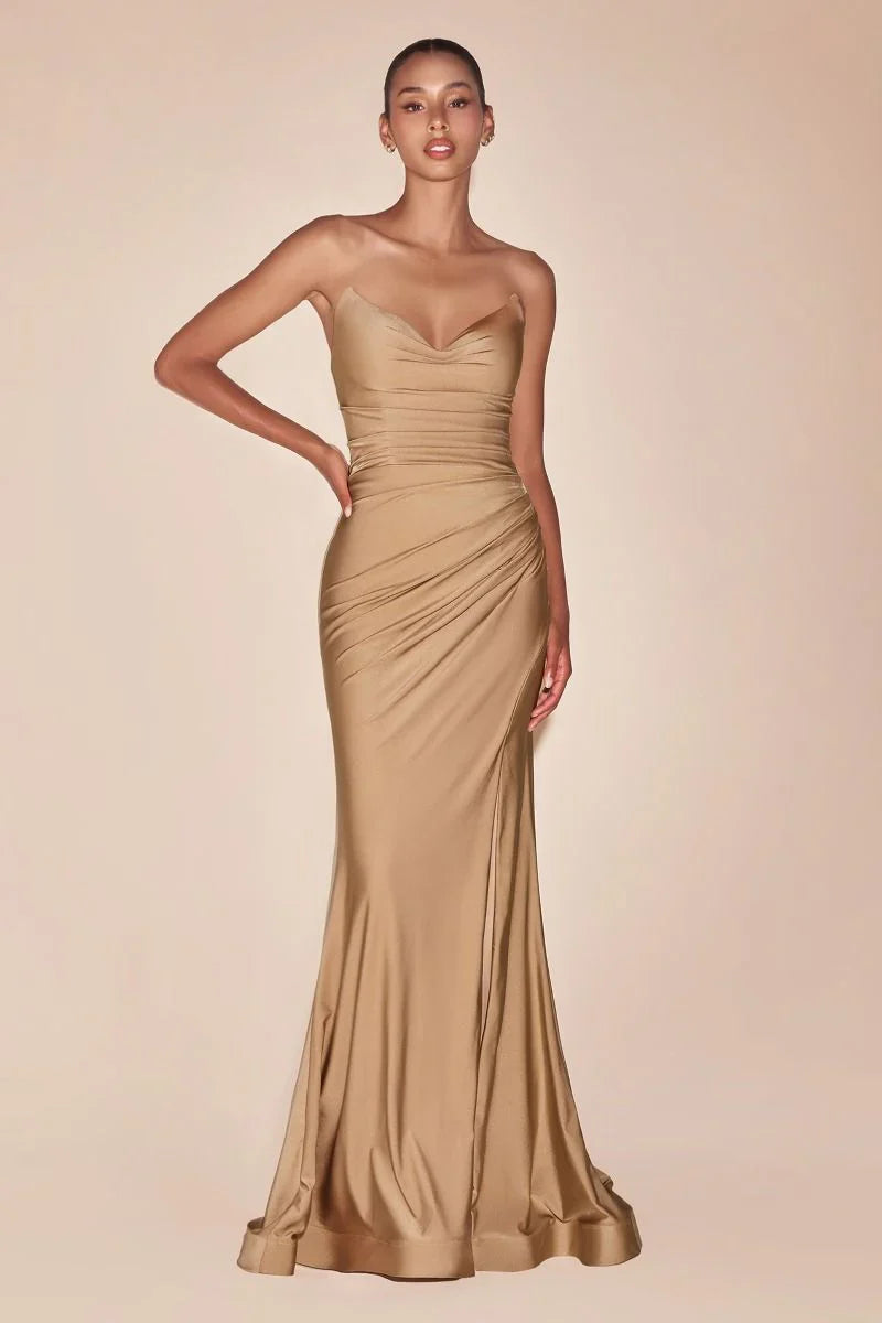 AVA POINTED V NECKLINE GOWN STRAPLESS STRETCH SPANDEX SATIN FITTED DRESS