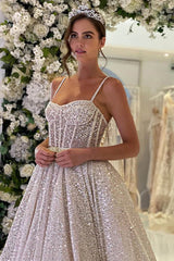 Spaghetti Straps Sequins A line Sparkly Wedding Dress Bridal Gown