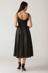 PEARL TRIM BLACK SATIN MIDI DRESS FINAL SALE
