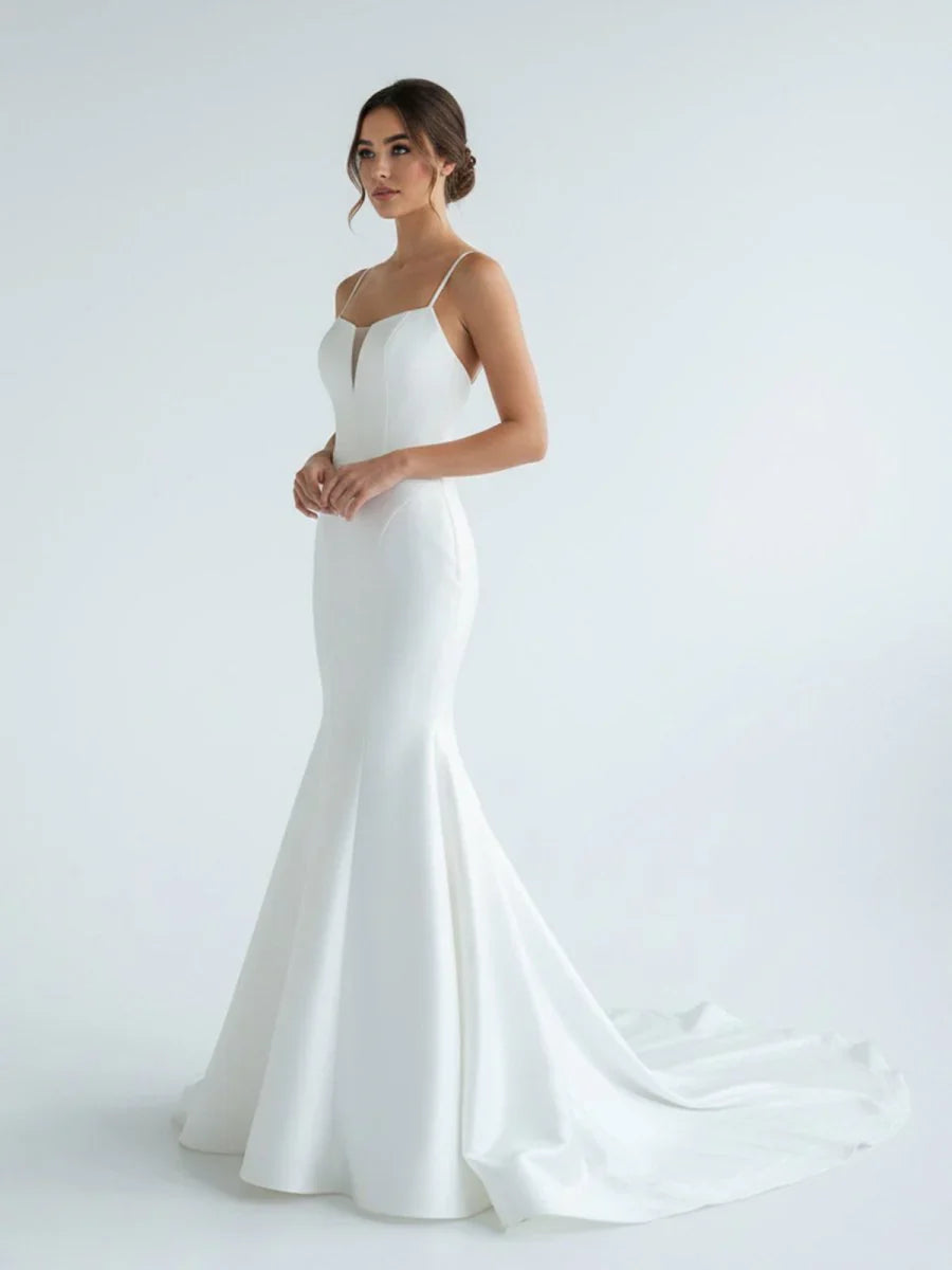 Mermaid White Spaghetti Straps Long Lace Wedding Dress