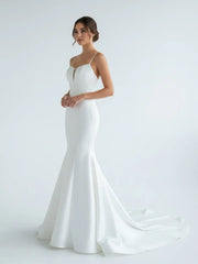 Mermaid White Spaghetti Straps Long Lace Wedding Dress