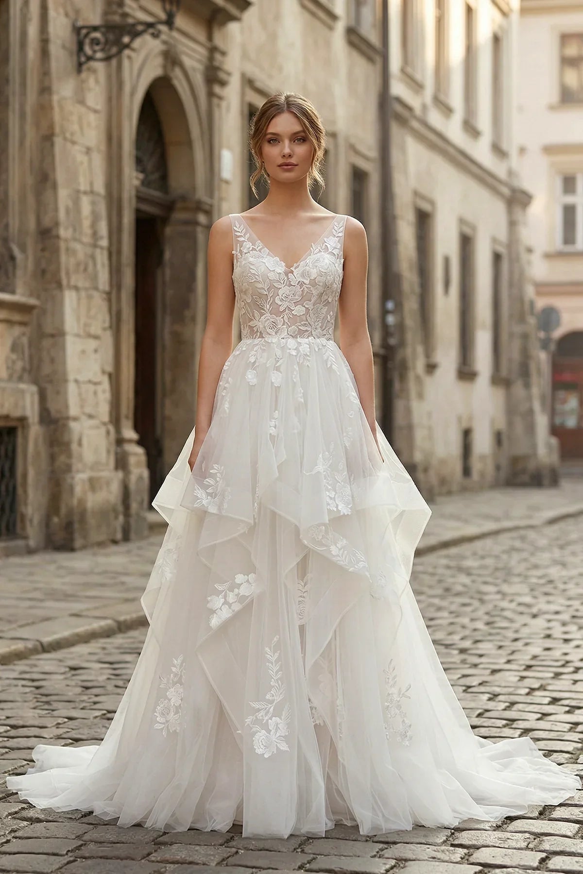 Charming A line V Neck Sleeveless Wedding Dress with Lace Appliques