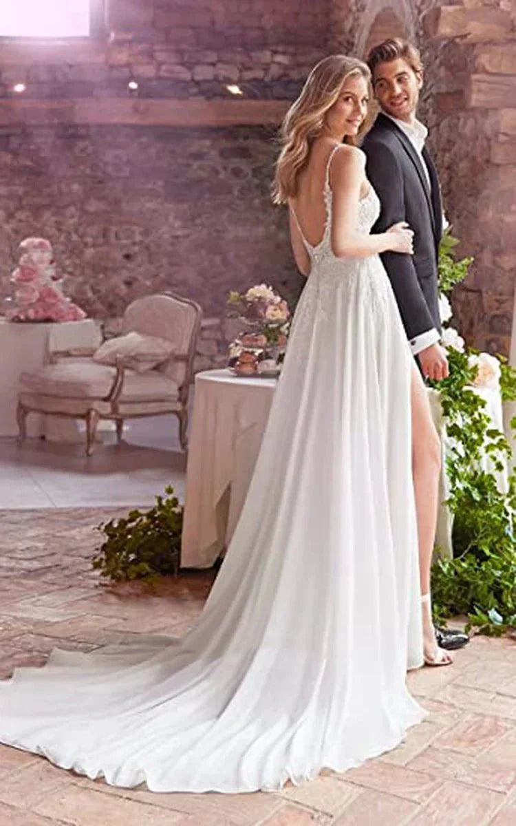 A Line Spaghetti Chiffon Wedding Dress Simple Bohemian Elegant Summer Beach Garden With Open Back And Sleevesless And Split Front