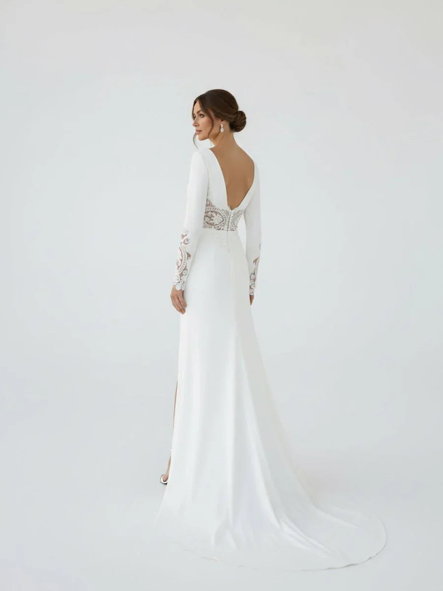 Casual V neck mermaid Sweep Train Long Sleeve Wedding Dress With Slit