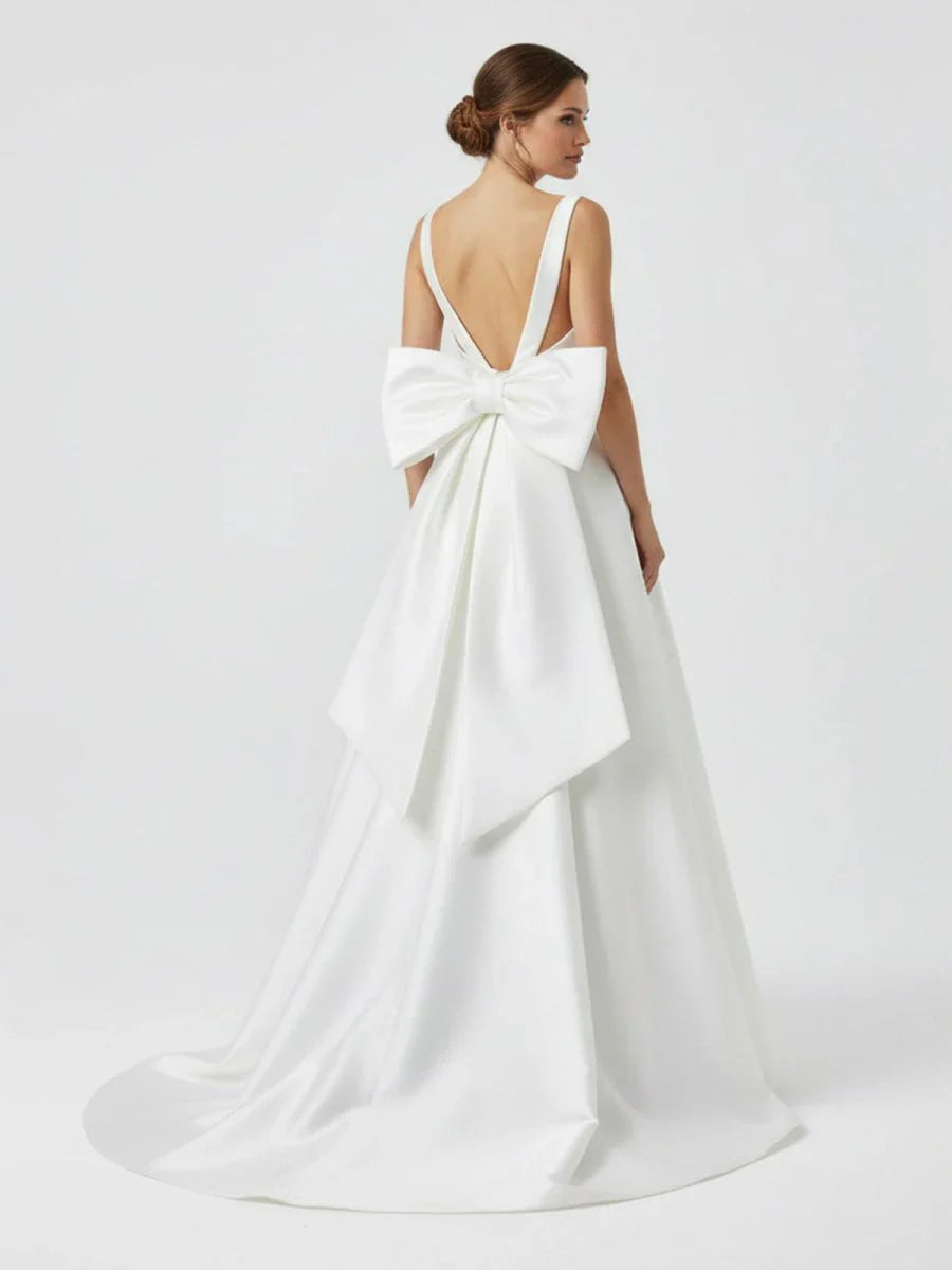 Ivory A Line Deep V Neck Long Wedding Dress with Bowknot