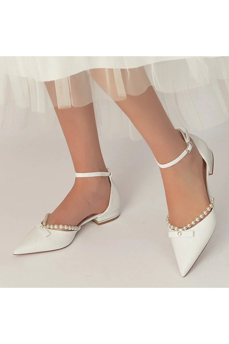 Glitter Pointed Toe Pearl Ankle Strap Low Heels With Bow