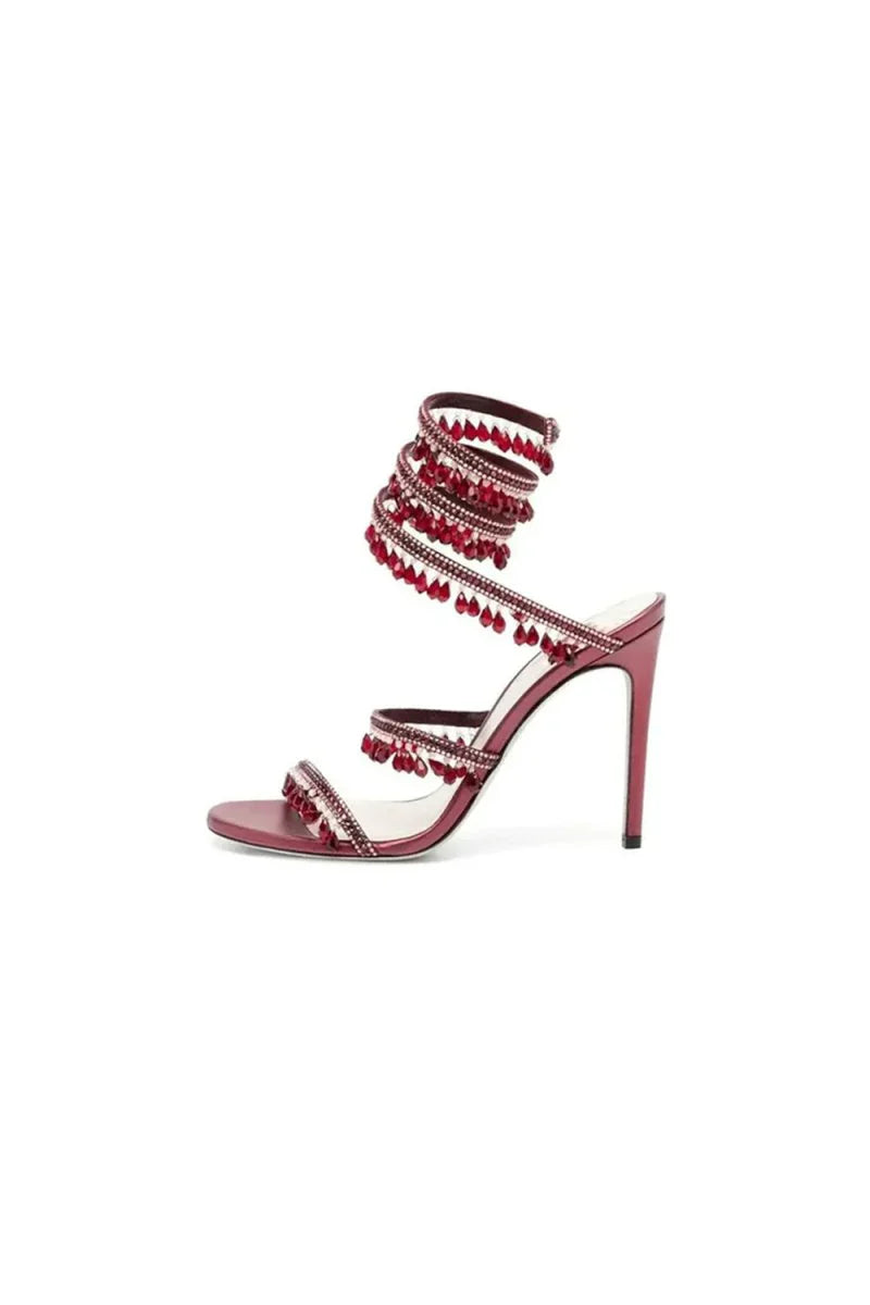 Open Toe Ankle Wrap Beaded Crystal Stiletto Heels